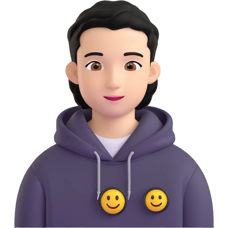 boy with military cut black hair, brown eyes, wearing 2 circle earrings and a black hoodie with a smiley face emoji