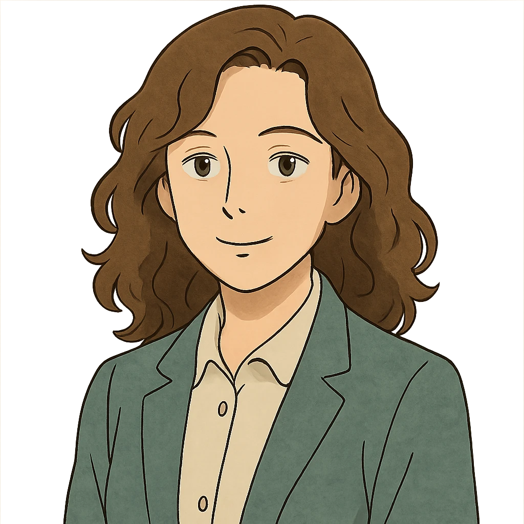 portrait of a calm, confident woman with natural wavy hair, soft but energized expression, approachable professional style, gentle and wise presence emoji