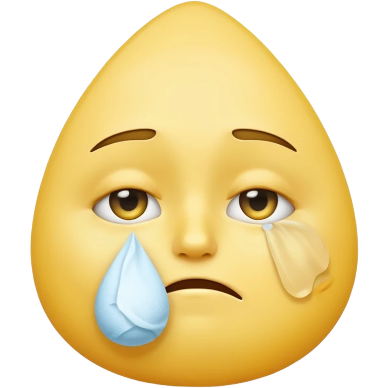 yellow emoji face with sad expression, large teardrop under one eye, white tissue wiping the tear held close to the face, white background, no text emoji