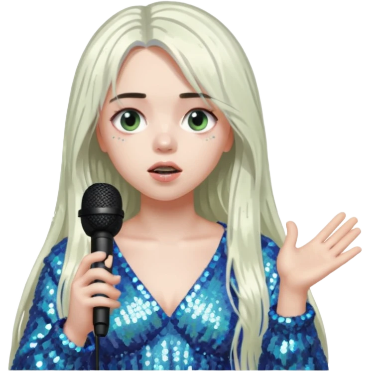 billie eilish is singing, 2 hands holding mirco and twinkle dresss, white long hair emoji