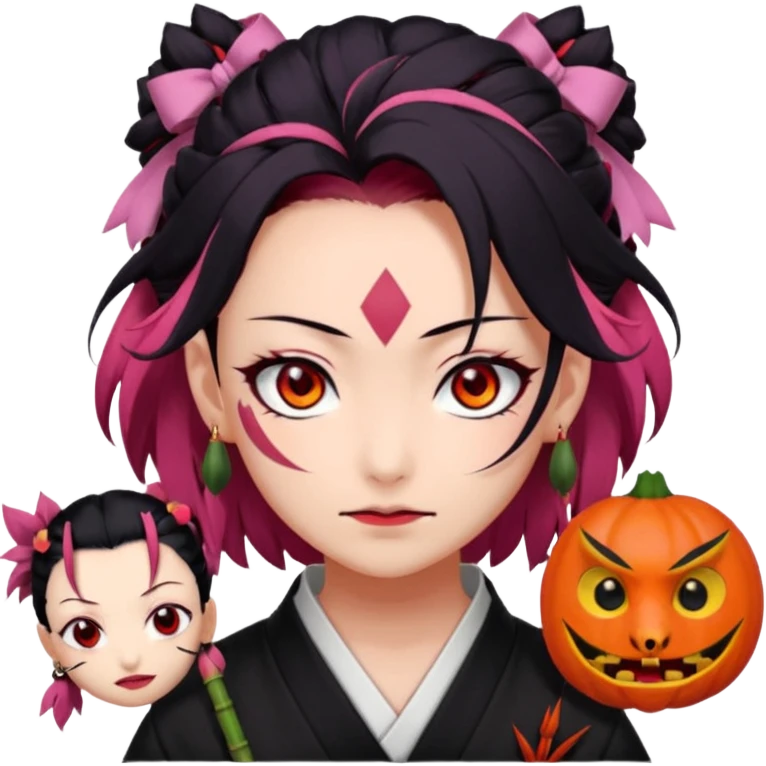 tanjiro: Kind red eyes, black hair with burgundy tips, forehead scar, tanned skin, Hanafuda earrings.                             nezuko:   Pink eyes, black-orange hair, fangs, bamboo muzzle. emoji