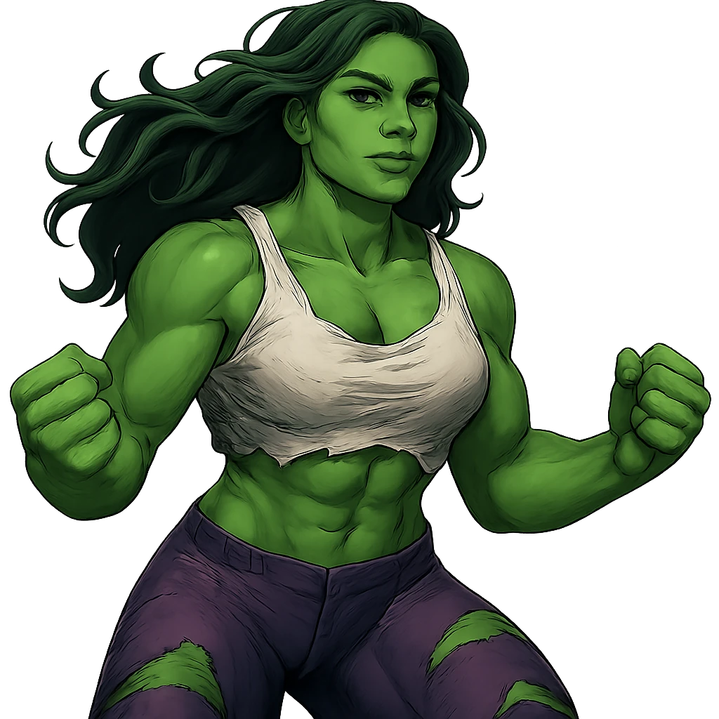 Woman Hulk with a calmer expression, green skin, muscular build, keep the pose and style, no background. The style is a muscular green superhero woman, keep the original style look but calm the expression and isolate the subject with no background. emoji