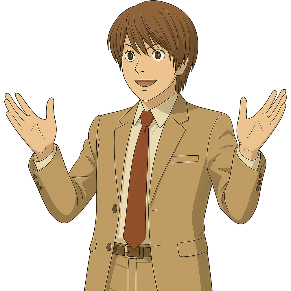 Create an exact Light Yagami in Ghibli style, standing with both hands raised as if emphasizing a point, wearing the same suit, with the same confident expression, on a transparent background. emoji
