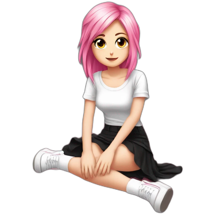 Full body Front view curvy emo girl pink hair sits on the floor straight view hands up black skirt белые трусики полосатые рваные чулки emoji