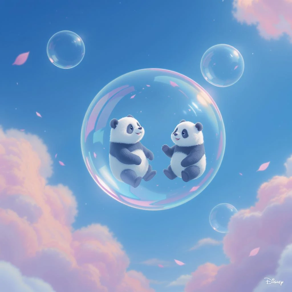 Minimalistic Cinematic still of pandas bears sitting inside flying bubbles, blue sky filling background , pink clouds, pink leafs falling around, disney style emoji