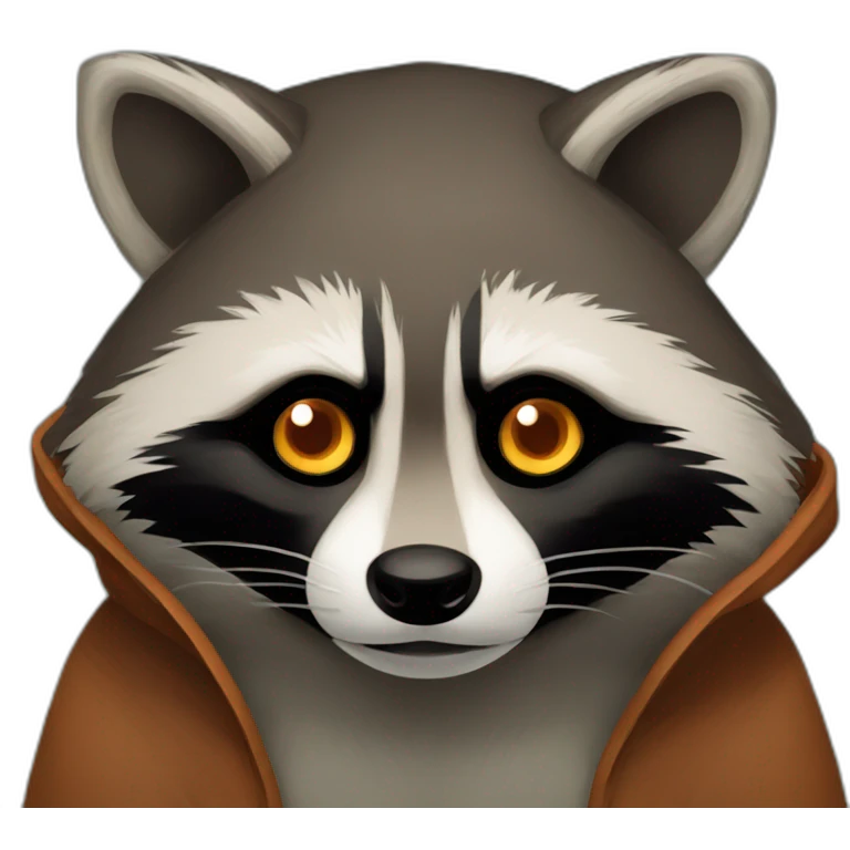 brown raccoon with orange eyes and a dark green hood that is sad emoji