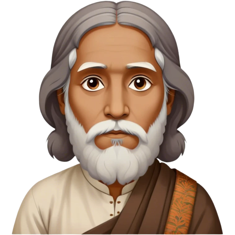 Rabindranath Tagore – Cinematic Realistic Portrait of Rabindranath Tagore, depicted with thoughtful, soulful eyes and gentle features, dressed in traditional Bengali attire with subtle artistic motifs, bathed in warm, soft lighting that evokes his poetic genius and timeless wisdom. emoji