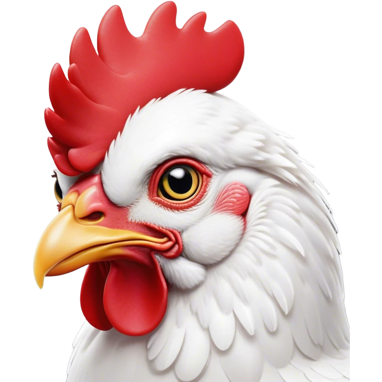 Cinematic Noble White Chicken Portrait Emoji, Poised and regal, with a compact, sturdy build and a pristine, well-groomed pure white plumage, deep-set soulful beady eyes, Simplified yet sharp and sophisticated features, highly detailed, glowing with a soft, dignified glow, high shine, intelligent and alert, stylized with an air of barnyard elegance, focused and attentive, soft glowing outline, capturing the essence of a watchful and confident fowl, so majestic it feels as though it could strut out of the screen with effortless authority! emoji