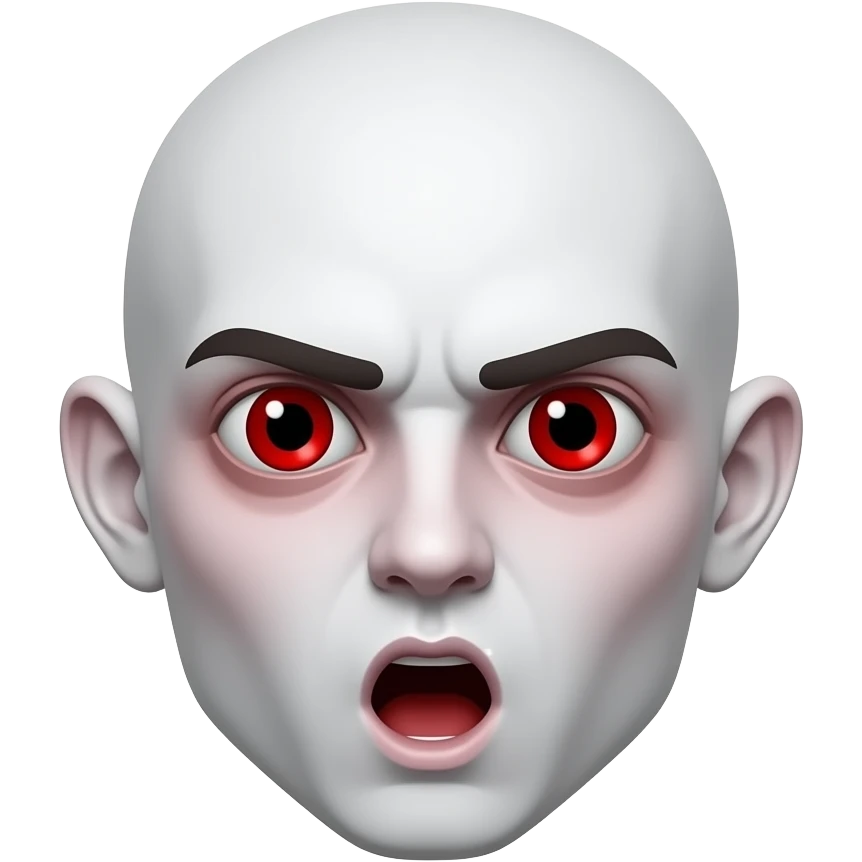 사악한 흰  피부. 붉은동공. 살색 큰 귀. 큰 눈. 붉은 눈. 붉은 홍조. O표정. emoji