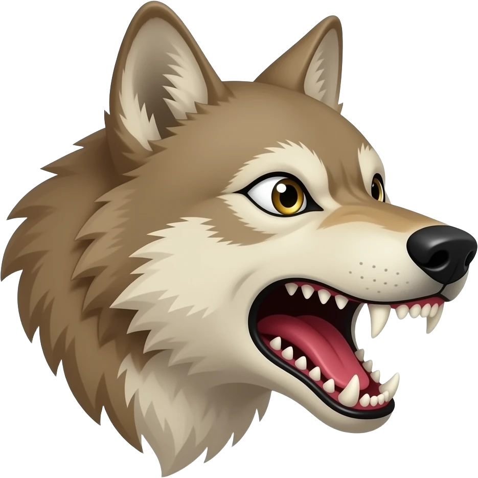 Baring fangs beige wolf head realistic look mostly aggressive Turn sideways terrified emoji