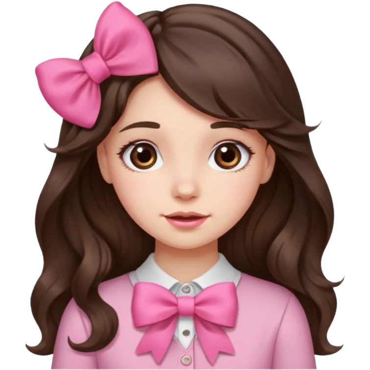 Brunette, long wavy hair, girl emotions and a pink bow emoji