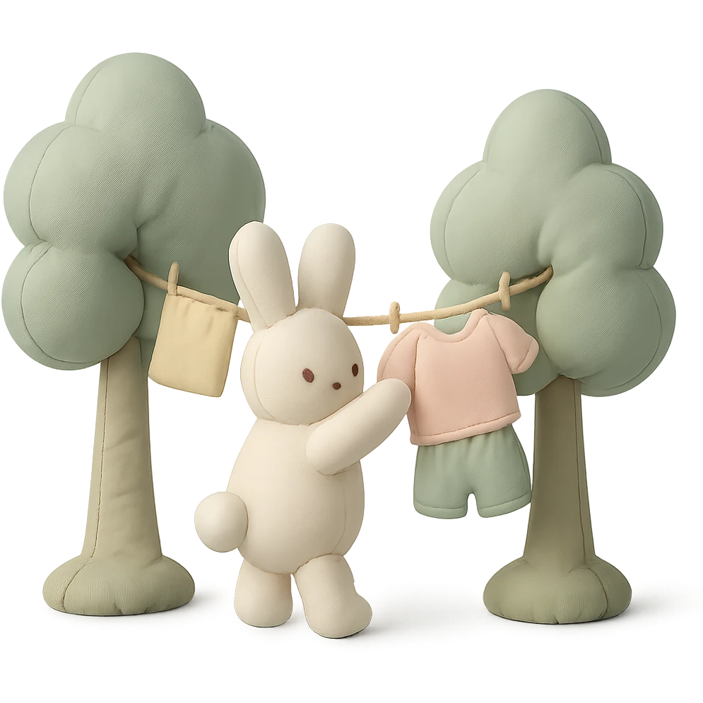 bunny hanging laundry between trees, calming domestic forest feel, soft pastel colors emoji