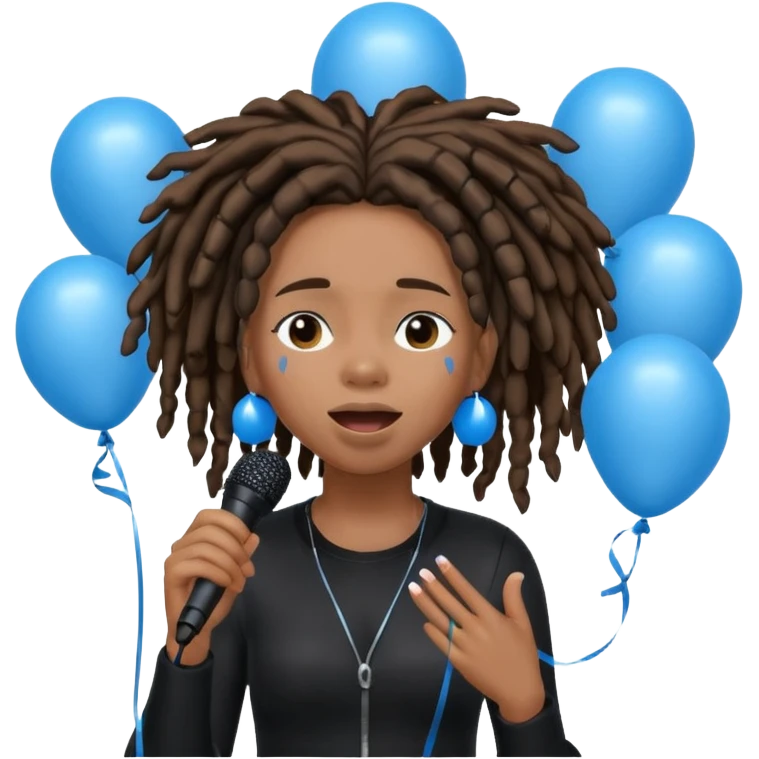 Black girl Stud with dreadlocks singing dressed in black crying 1,2,3 release em with white and blue balloons flying overhead emoji like with mic in hand  emoji