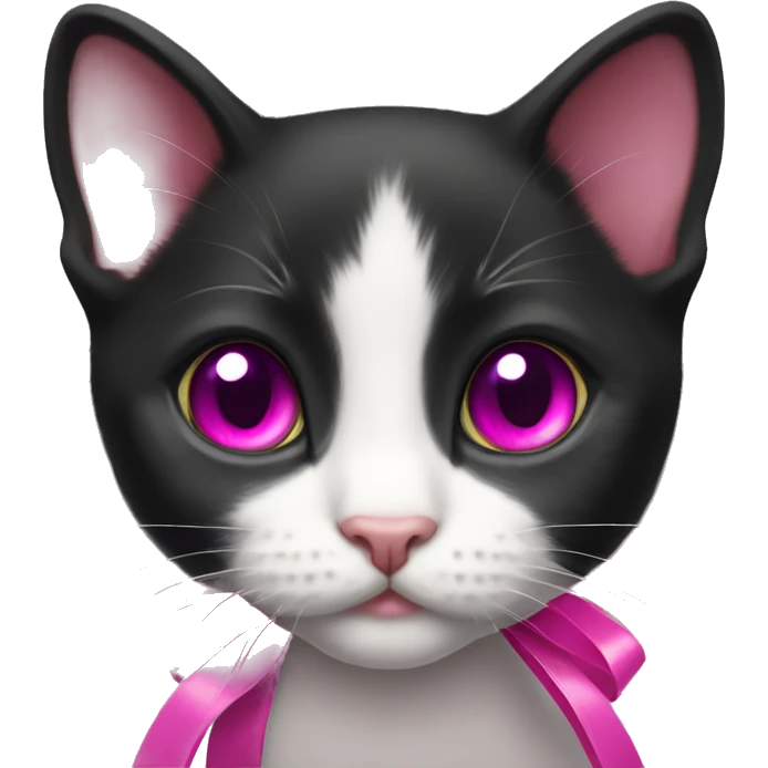 Tuxedo kitten with a magenta ribbon  emoji
