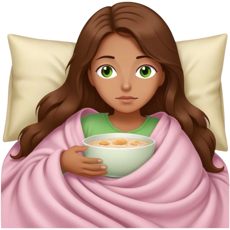 woman with very long brown hair and green eyes in a light pink blanket sleepy with porridge emoji