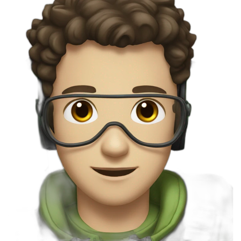A young white man with dark brown hair and brown eyes in a pilot suit and wearing a green Pilot headset emoji