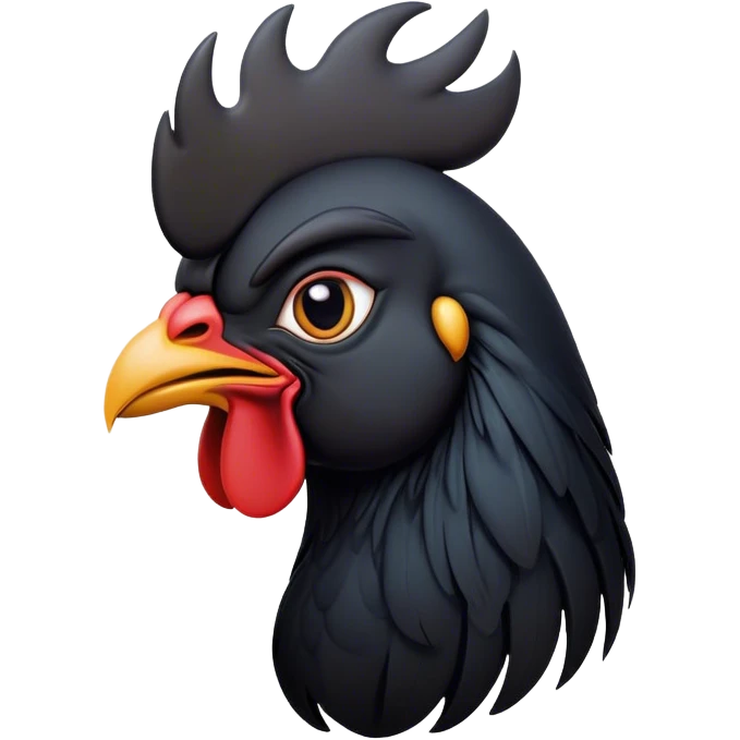 Cinematic Noble Black Rooster Portrait Emoji, Poised and regal, with a robust, commanding build and a sleek, well-groomed pure black plumage, deep-set soulful piercing eyes, Simplified yet sharp and sophisticated features, highly detailed, glowing with a soft, dignified glow, high shine, intelligent and proud, stylized with an air of mysterious majesty, focused and attentive, soft glowing outline, capturing the essence of a watchful and confident leader, so majestic it feels as though it could crow out of the screen with effortless authority! emoji