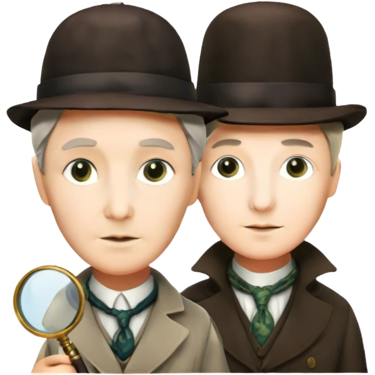 A vibrant, colorful collage featuring iconic characters like Sherlock Holmes with his magnifying glass, Miss Marple with a calm expression, and Pinkerton. The design should evoke mystery and intrigue, with elements like clues, shadows, and old-fashioned detective tools. Transparent background. emoji