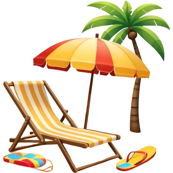 Icon for Beach Tourism: a sunny beach with the sea and waves, a lounge chair, a sun umbrella, and flip-flops on the sandy shore. The background should be a clear, vibrant ocean view with the sun shining brightly. Transparent background. emoji