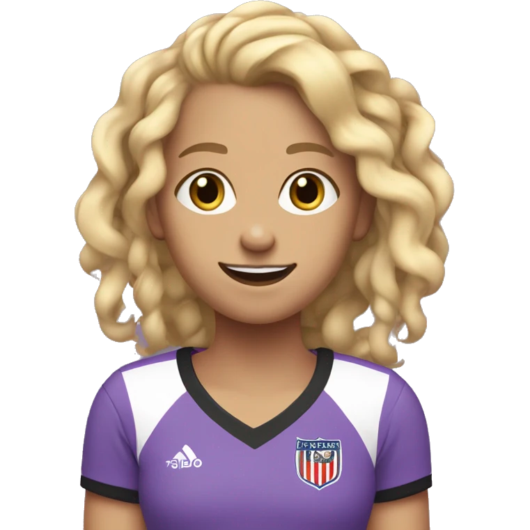 BLONDE GIRL WITH CURLS PLAYS SMILING FOOTBALL WITH BRAIDS WITH A LILAC AND BLACK T-SHIRT WITHOUT STRIPES emoji
