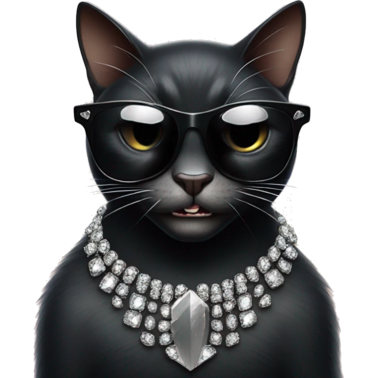 black cat snarling, wearing black flat-top sunglasses, with silver crystals covering the left side, right arm posing a claw- hand gesture emoji