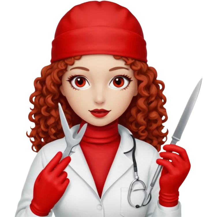 Scary woman scalpel in hand, evil surgeon sexy surgeon clothes.  She has red eyes. Her  brown long curly hair. Wears sexy doctor outfit with red gloves. make her wear red ski mask  to hide. Wears white surge9n jcketneb emoji