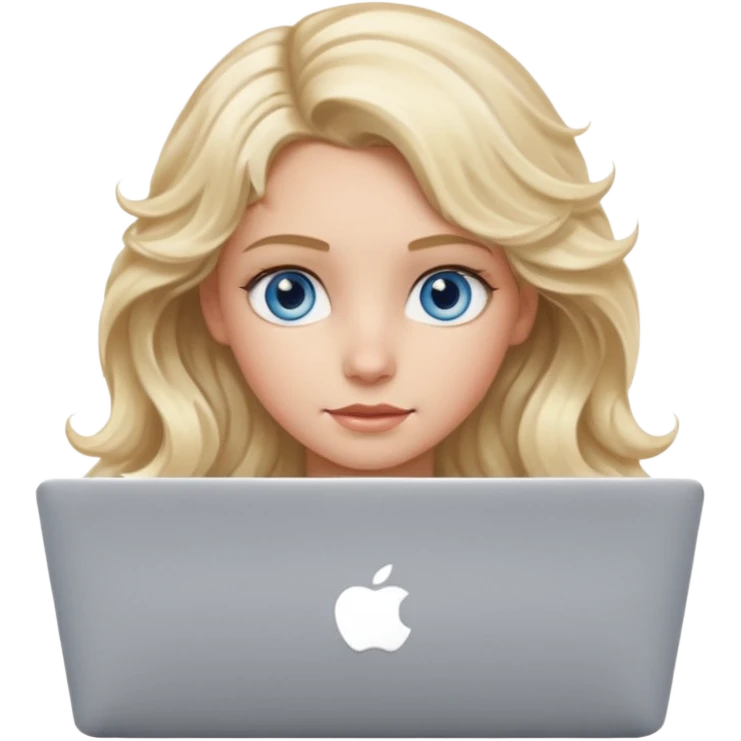 blond girl, blue eyes, hair wavy, , behind her silver colored laptop from apple, she looks straight infront of her, looks a bit taller emoji