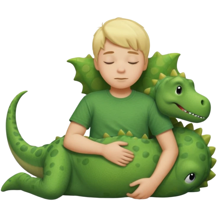 Blond boy sleeping wearing a green dinosaur t-shirt emoji