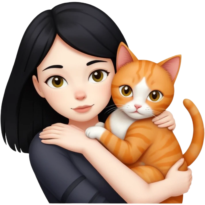 A black-haired girl hugs a ginger cat and A black cat emoji