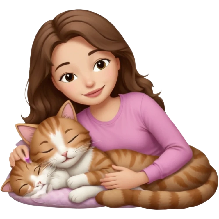 girl with wavy long brown hair, brown eyes, light to medium complexion, long lashes, light pink lipstick, smiling, wearing light pink shirt, sleeping on a cozy pillow, cuddling a tabby cat  emoji