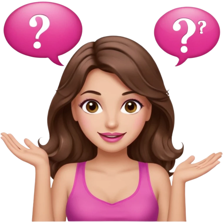 girl with long wavy brown hair, brown eyes, long lashes makeup, sexy pink lips, light to medium complexion, wearing a pink sexy top, shugging, smiling, question mark one speech bubble emoji