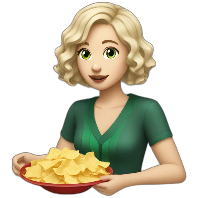 Slytherin girl with short wavy ash blonde bob hair and blue eyes eating chips and cheese emoji