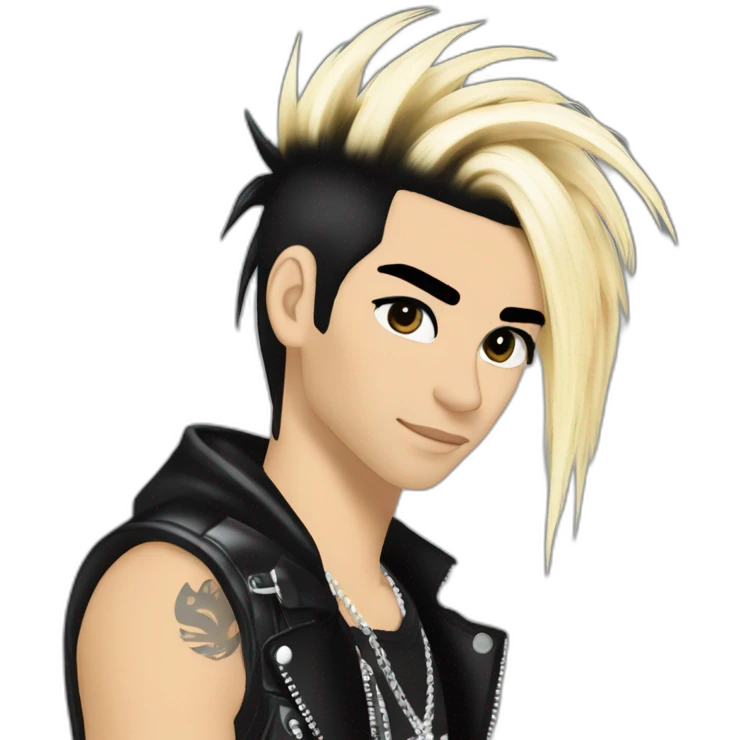 Bill Kaulitz black hair down with blonde highlights emo 2000s hairspray skunk hair emoji