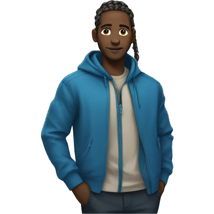 African man with braids and blue zip up jacket with anime shirt under jacket  emoji