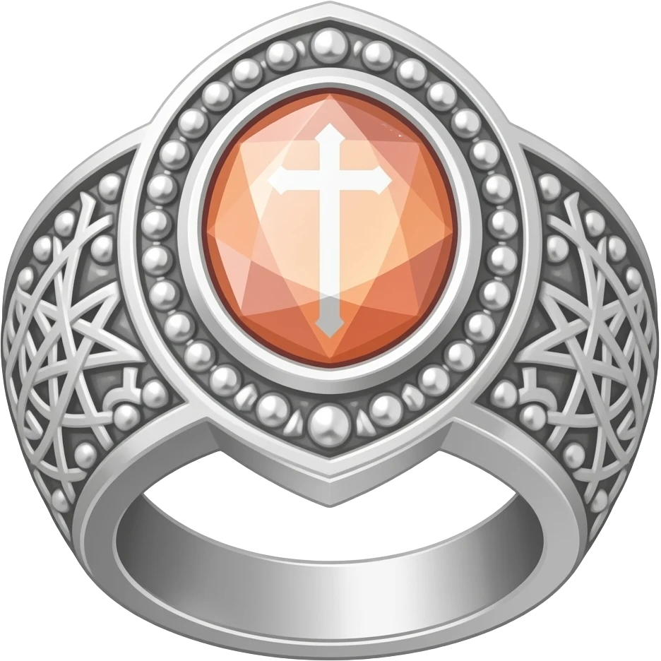 I need a ring representing an umbra pontifex, a dark priestess. It is a mysterious occult symbol, fit for a warlock. Embossed with details and maybe a gem. The color scheme is silver, a pastel orange and salmon color emoji