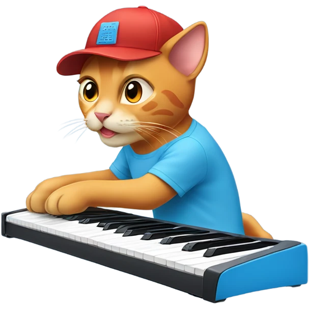 tan-red cat wearing a light-blue t-shirt and a blue base cap taps musical keyboard emoji