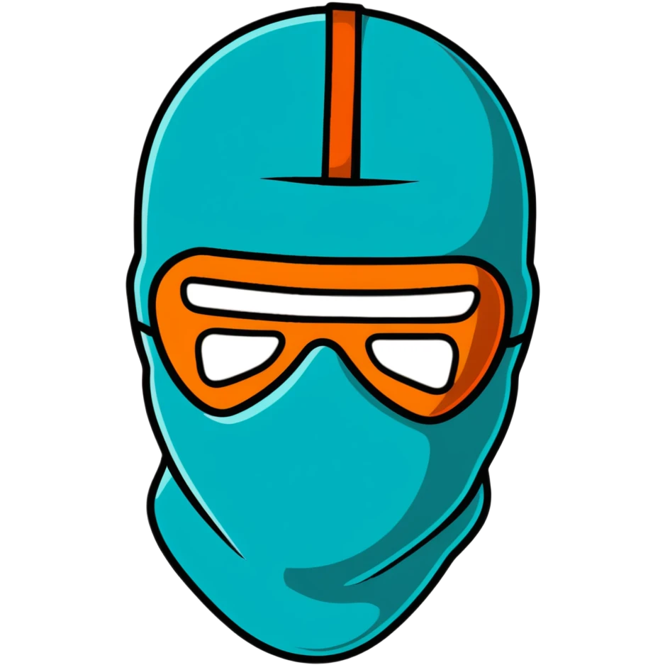 teal and orange ski mask with menacing face emoji