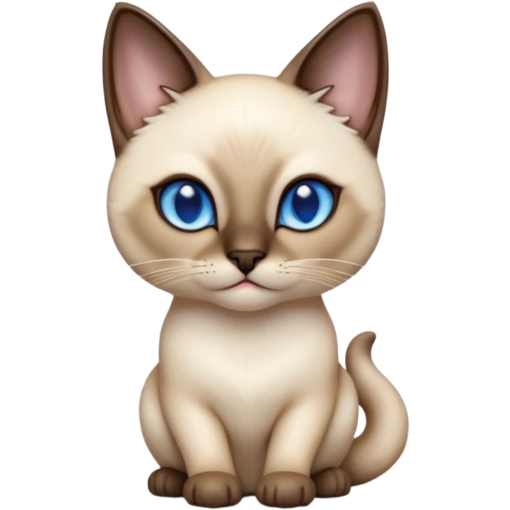 Cinematic Cute Siamese Cat Portrait Emoji, Head tilted playfully and inquisitively, sleek cream-colored fur with rich, contrasting dark points on the ears, face, paws, and tail, striking sapphire-blue eyes, Simplified yet irresistibly adorable features, highly detailed, glowing with a warm, friendly glow, high shine, affectionate and curious, stylized with a touch of whimsy, bright and endearing, soft glowing outline, capturing the essence of a mischievous yet loving kitten, so playful it feels like it could pounce out of the screen and into your arms! emoji