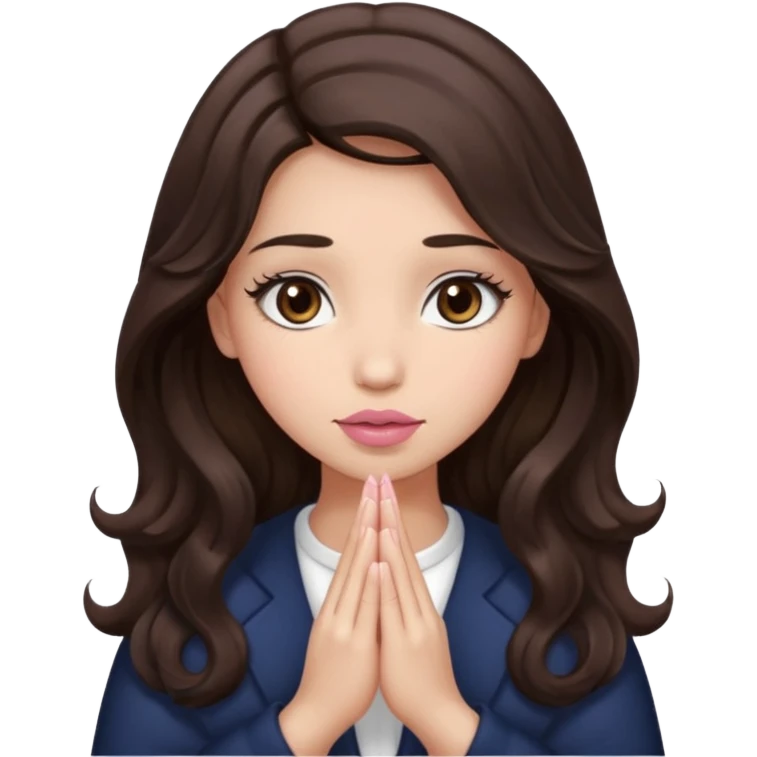 girl with wavy long glamorous dark brown hair, brown eyes, light to medium complexion, long lashes, light pink lipstick, praying emoji