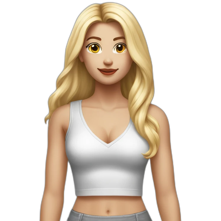 hyperrealistic caucasian blonde, long straight hair, white deep v-neck crop tanktop, gray tight mini skirt emoji