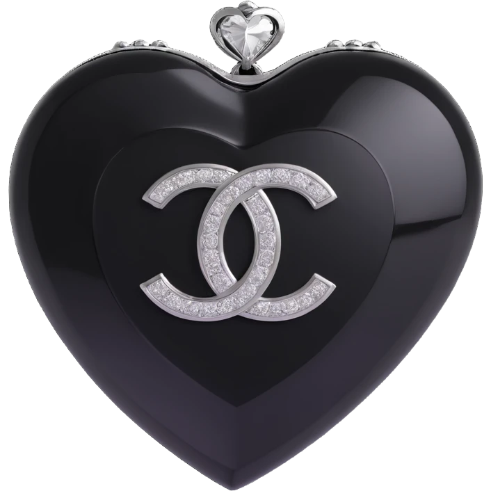 Remove the pearls, keep only the glossy black heart with a diamond accent and silver Chanel logo, elegant, black and white color scheme, keep the background transparent. emoji