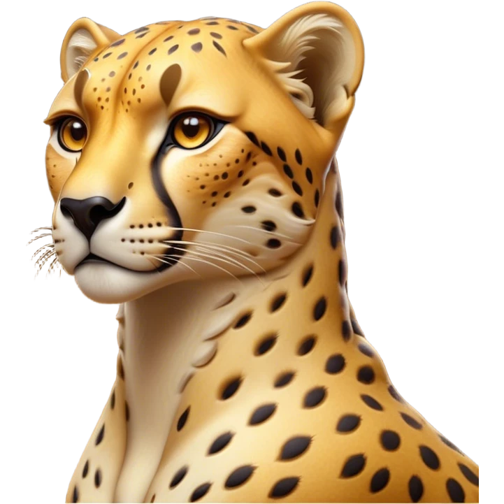 Cinematic Noble Cheetah Portrait Emoji, Poised and regal, with a lean, muscular build and a sleek, spotted Fur of golden hues, deep-set soulful amber eyes, Simplified yet sharp and sophisticated features, highly detailed, glowing with a warm, dignified glow, high shine, intelligent and swift, stylized with an air of wild elegance, focused and attentive, soft glowing outline, capturing the essence of a watchful and confident predator, so majestic it feels as though it could sprint out of the screen with effortless authority! emoji