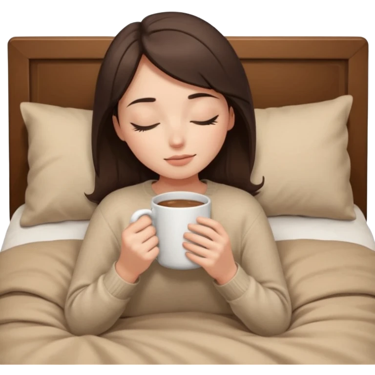 brunette girl with closed eyes lies on bed with brown bed linen in beige sweater and holds mug close emoji