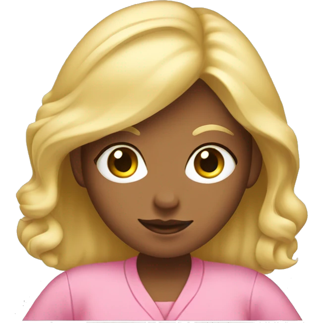Blonde girl in pink pajamas working on a mac laptop emoji
