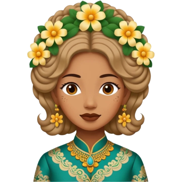 women with tan skin, wearing traditional Javanese hair with bouncy flowers, and wearing paes emoji