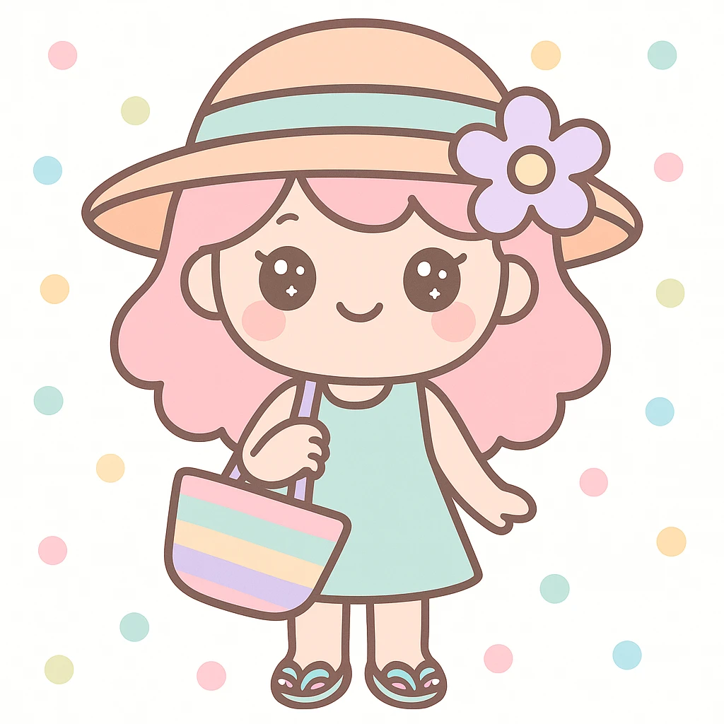 summer girl, kawaii style, cute, pastel colors, big eyes emoji