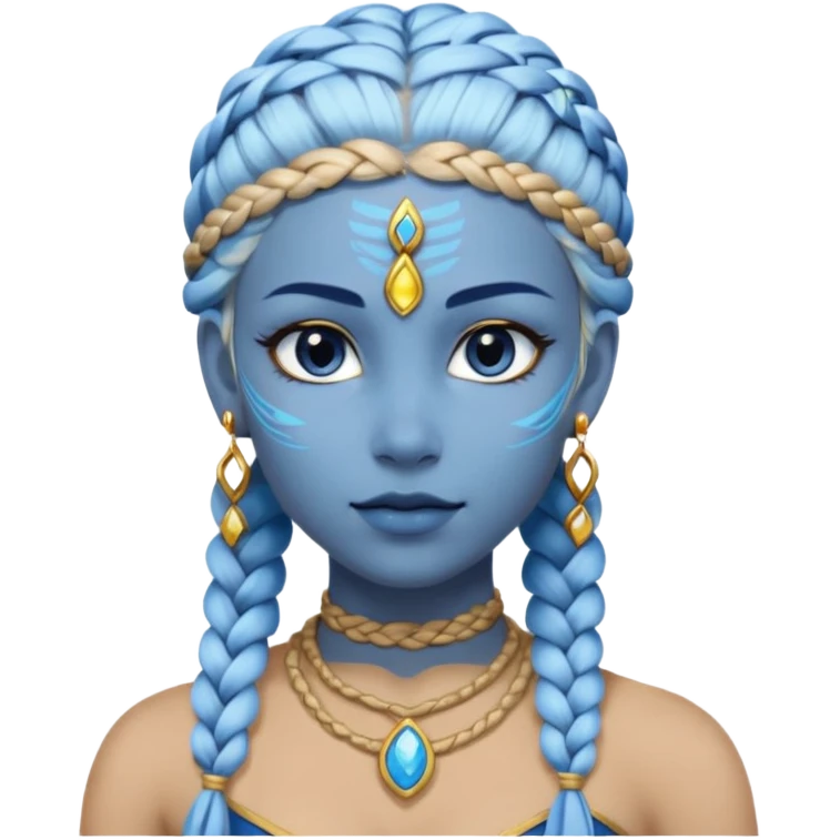 Draw a Na’vi female with glowing blue skin, white forehead markings, braided hair, gold earrings & a calm gaze. emoji