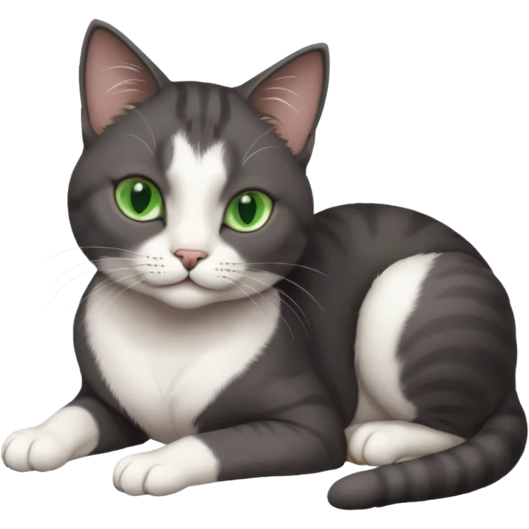 beautiful female solid dark grey cat with green eyes, white toes/paws and white patch on her chest lying down emoji