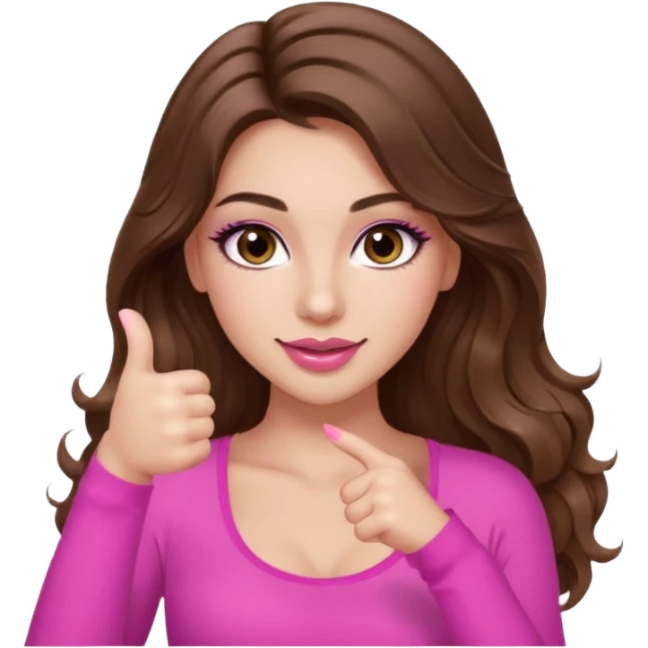 girl with long wavy brown hair, brown eyes, long lashes makeup, sexy pink lips, light to medium complexion, wearing a pink sexy top, thumbs up emoji