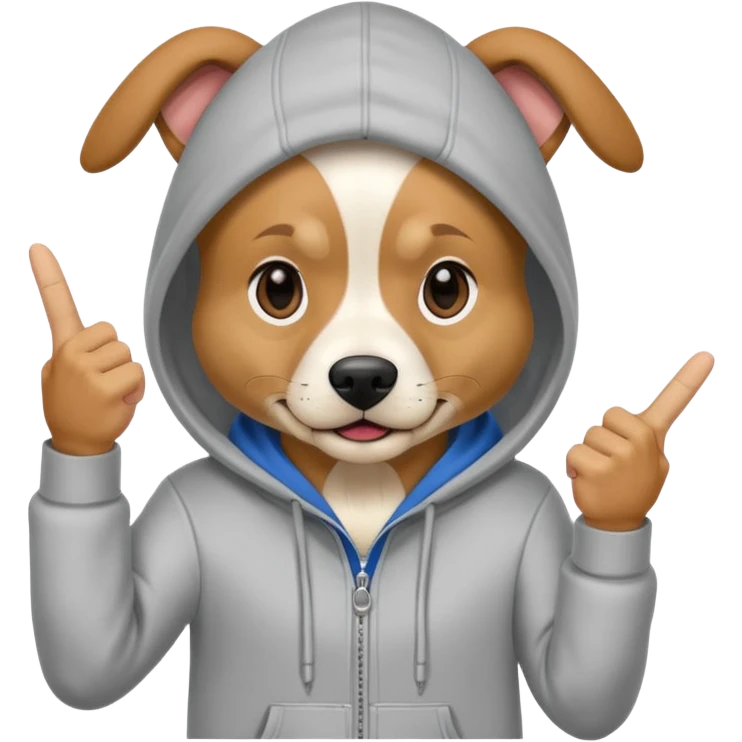 Dog wearing a hoodie flipping off the camera emoji